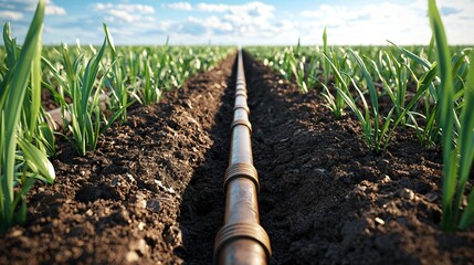 underground drip tape system revealed in cross-section, semi-transparent soil showing pipe layout, root systems visible, highly technical agricultural cutaway concept