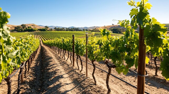 plastic irrigation tubing stretched across a sloped vineyard, tightly secured and running along grapevine base, clean rows extending to distance, soft midday shadows