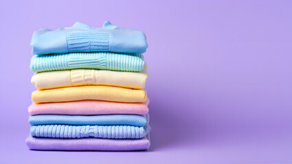 Stack of pastelcolored knitted sweaters on a light purple background