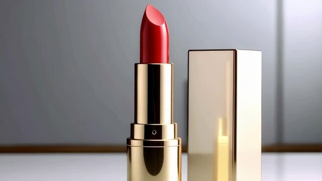 Elegant red lipstick with a golden case on a light gray background, luxury beauty product for glamourous makeup
