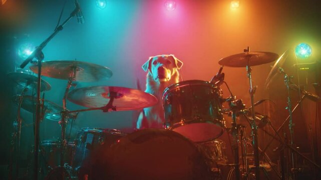 Canine Drummer in Concert: A captivating scene of a canine musician, immersed in the energetic rhythm of a live drum set, illuminated by a spectrum of vivid colors.