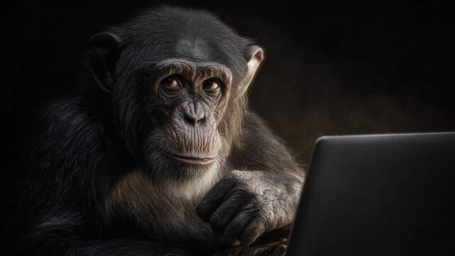 Monkey's Digital World: A curious chimpanzee, intently focused, interacts with a laptop, showcasing the surprising intersection of nature and technology in a captivating scene.