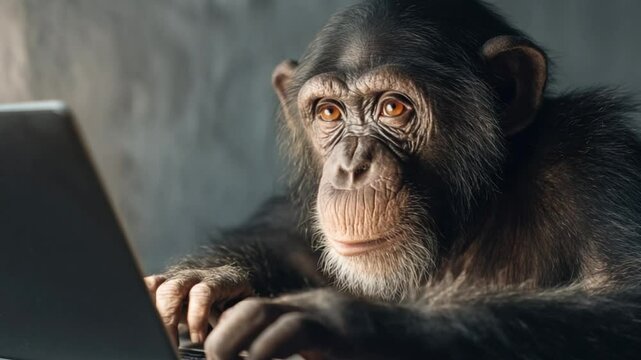 Chimpanzee working on Laptop: A chimpanzee intently focused on a laptop, highlighting the intersection of technology, nature and intelligent observation.