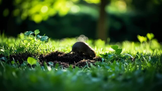 Molerat peeking out of the ground in a lush green garden, sunlight shining through trees