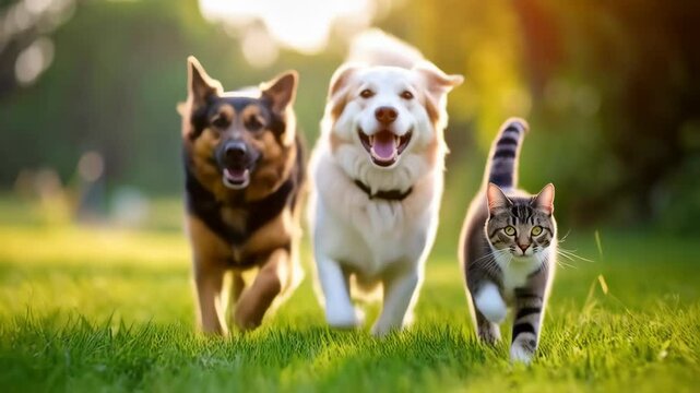 Three happy pets running together on green grass in a park, german shepherd dog, cat, and white dog running towards the camera.