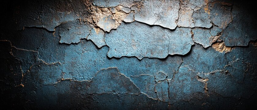 Dark teal, heavily textured surface with cracked and peeling paint, showing underlying layers of aged material; dramatic lighting emphasizes texture