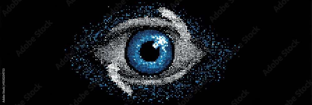 Poster pixelated eye icon transforming into a clear symbol, representing digital recovery and regeneration