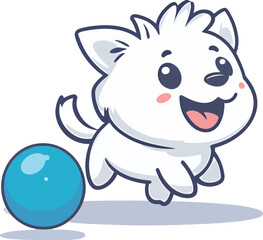 Cute cartoon white puppy joyfully playing with a blue ball.