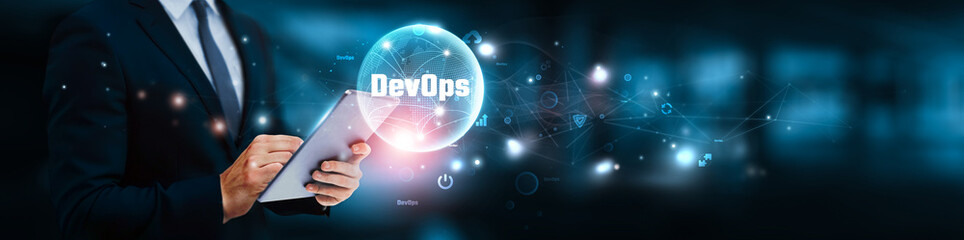 DevOps, Businessman manage and analysis of growth graph data on continuous integration pipelines, automated deployment tools, infrastructure as code practices, collaborative development environments.