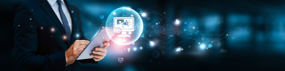 Digital marketing, Businessman manage and analysis of growth graph data on search engine optimization, social media engagement, content marketing strategy, email campaign performance.