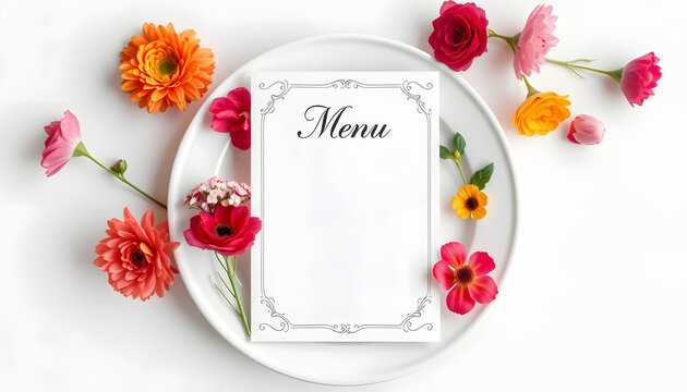 Elegant wedding menu card mockup on pristine white plate surrounded by delicate floral accents, blank design with ample copy space, vibrant. with white shades