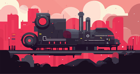 Futuristic industrial train silhouette against a vibrant pink sunset.
