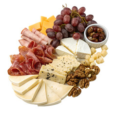Generative AI Cheese and Charcuterie Platter on White Plate, Isolated on Transparent Background