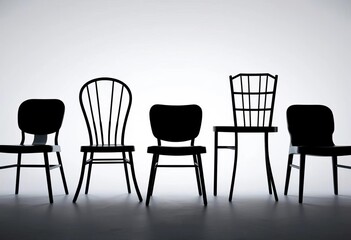 Varied black chair silhouettes against white backdrop,   stylish,  simple
