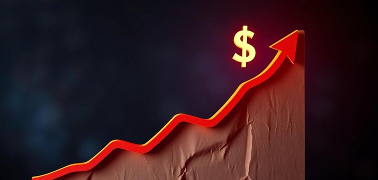Upward trending graph with dollar sign, symbolizing rising prices, trading, economics