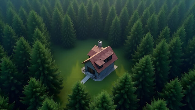 AI generated Aerial view of a secluded house surrounded