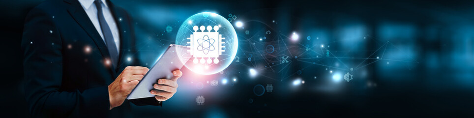 Quantum computing, Businessman manage and analysis of growth graph data on quantum algorithm...
