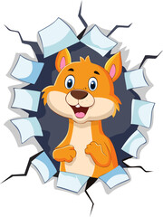 A charming cartoon squirrel emerges through a cracked wall, a playful and delightful scene