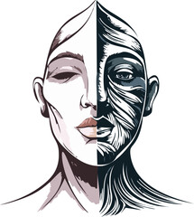 The duality of human emotion, a portrait showing two faces with distinct expressions. One is an artwork while another is a drawing