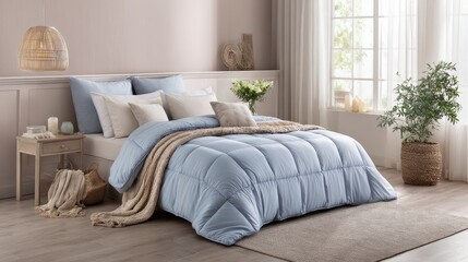  Cozy bed scene with blue blanket, beige layers, and white pillows in a modern pink room.  