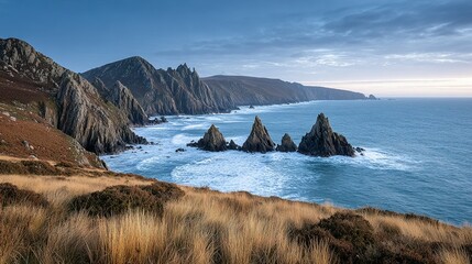 Dramatic coastal scenery with rugged cliffs and crashing waves.