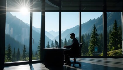 Remote work office with mountain view, home office design, modern office space, work from home