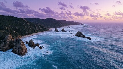Dramatic coastal landscape at sunset.