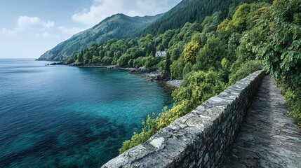 Tranquil coastal scene with a stone pathway.