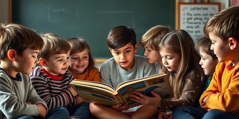 Young students attentively gathered around a teacher, engrossed in a storybook, storytime, carpet