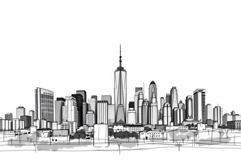 Abstract city skyline sketch, black, white, and gray tones, vector illustration, building, urban