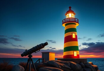 Whimsical lighthouse with rainbow stripes, glowing windows, patterned telescope beside it, telescope, lighthouse