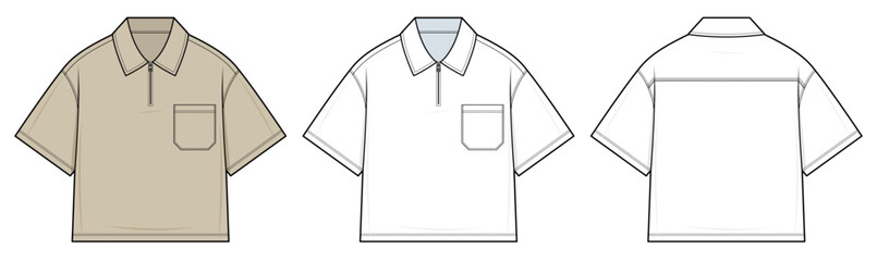 Classic Polo Shirt Technical Fashion Illustration. Short-Sleeve Polo with Zip Placket and Chest Pocket vector template. Front and Back Views. Neutral Color Palette. CAD Mockup Set. © aivenstudio