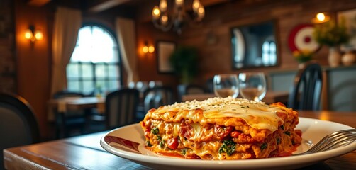 Warmly lit dining room, gluten-free veggie lasagna, melted cheese,  vegetable,  dinner