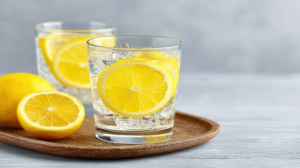 Refreshing lemonade in glasses with ice and lemon slices.