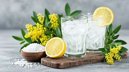 Refreshing drinks with lemon slices and ice.