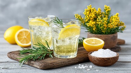 Refreshing lemon drinks garnished with rosemary sprigs.