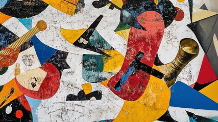 A vibrant abstract mural featuring bold colors and shapes. - Powered by Adobe