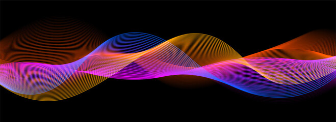 Smooth neon sound wave on black background. Abstract flowing wavy lines design for ai concept, eq equalizer, audio record, voice assistant. Blue pink orange gradient curve stripe wallpaper. Vector
