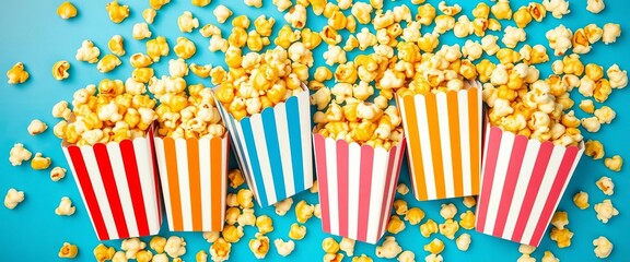 Obraz premium Vibrant popcorn boxes overflowing with kernels on a bright blue backdrop, fun, summer