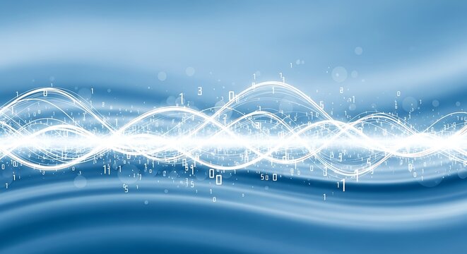 Abstract blue wave background with binary code and glowing lines