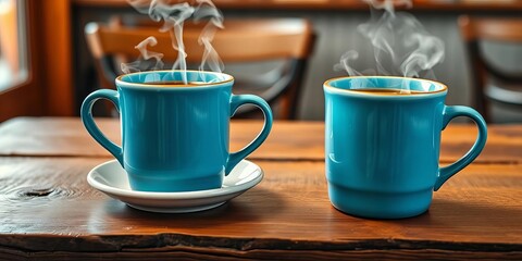 Fototapeta premium Two steaming blue mugs of coffee on rustic wooden cafe table, two, cafe table