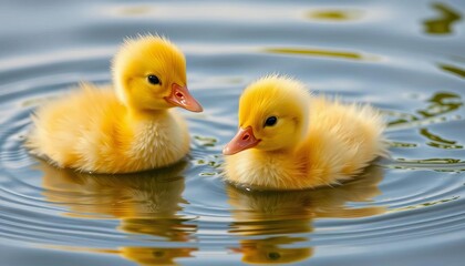 Two fluffy yellow ducklings playfully swim in tranquil water, showcasing their adorable downy feathers and bright eyes,  cheerful,  serene