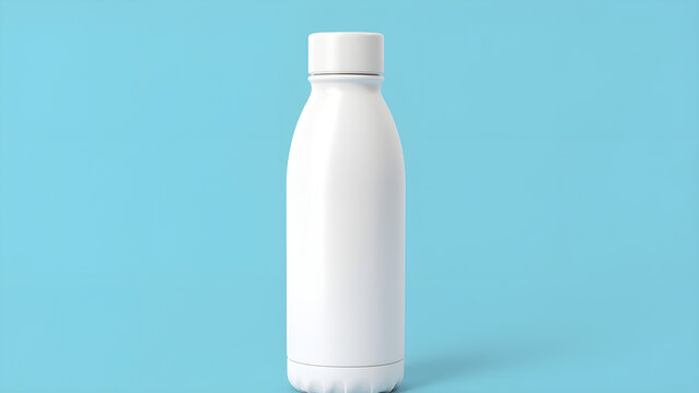 Minimalistic mockup of a white water bottle held in hand on blue background. Ideal for branding, packaging, hydration, and eco product design presentations.