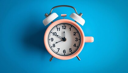 Top view of alarm clock shaped like coffee cup on blue background Good morning concept,  still life,  schedule