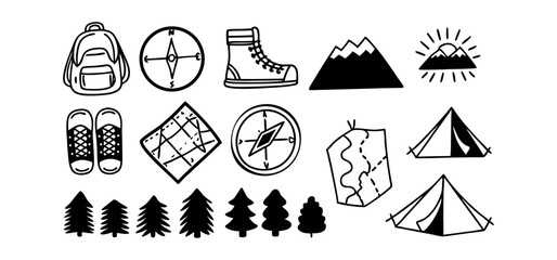 Hand drawn camping and hiking related elements presented with a minimal black and white style suitable for outdoor design