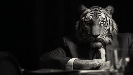 The Confident Tiger: A striking black and white image of a regal tiger, impeccably attired in a suit, exuding power, confidence, and the essence of success.