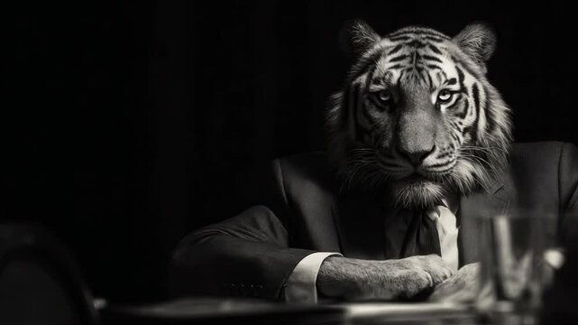 The Confident Tiger: A striking black and white image of a regal tiger, impeccably attired in a suit, exuding power, confidence, and the essence of success.
