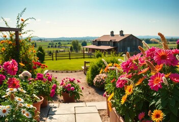 Fototapeta premium Sun-drenched kitchen garden, vibrant blooms, farmhouse backdrop, expansive horizon, sunny, view