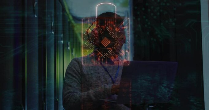 Adult man typing laptop in office initiating padlock pulsing circuitry ensuring cybersecurity