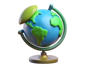 Cartoon globe with green leaf on stand isolated on white background Created using generative AI